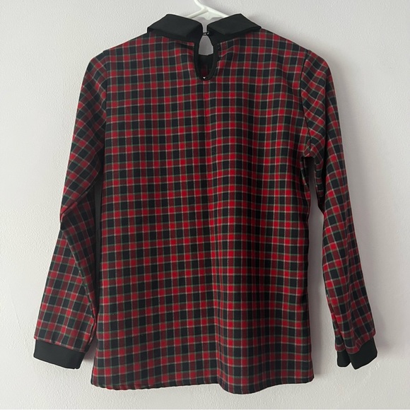 🍉 Women's Peter Pan Contrast Collar Checkered Plaid Shirt Blouse Small - Picture 6 of 11